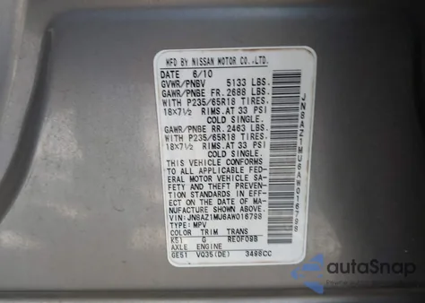 2010 Nissan Murano Sl from USA, damaged, VIN JN8AZ1MU6AW016798